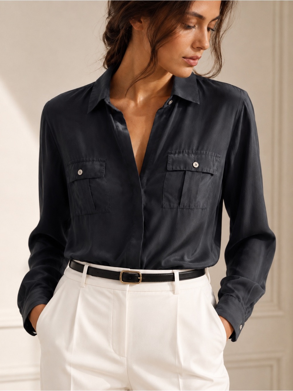 White House Black Market 100% Silk Utility Blouse Black Size 6